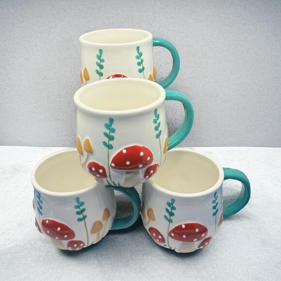 Set Of 4 Lang Whimsical Ceramic Mushroom Mugs With Teal Handles